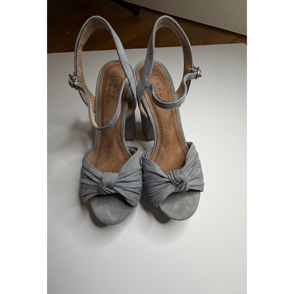 Shu Shop Blue Grey Faux Suede Knotted Platform Block Heel Sandals Womens 7/12 - Picture 8 of 9